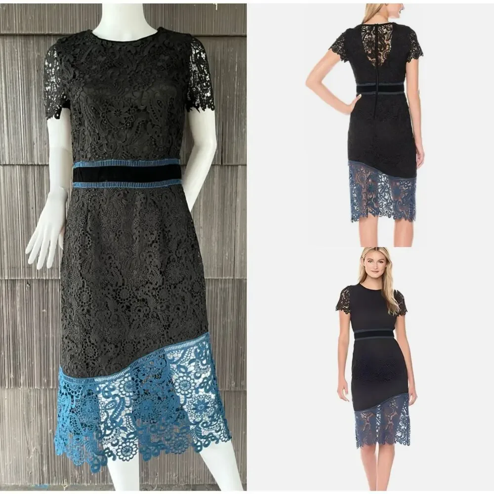 LAUNDRY By Shelli Segal Lace Embroidered Mid Length Black Blue Formal  Dress 6